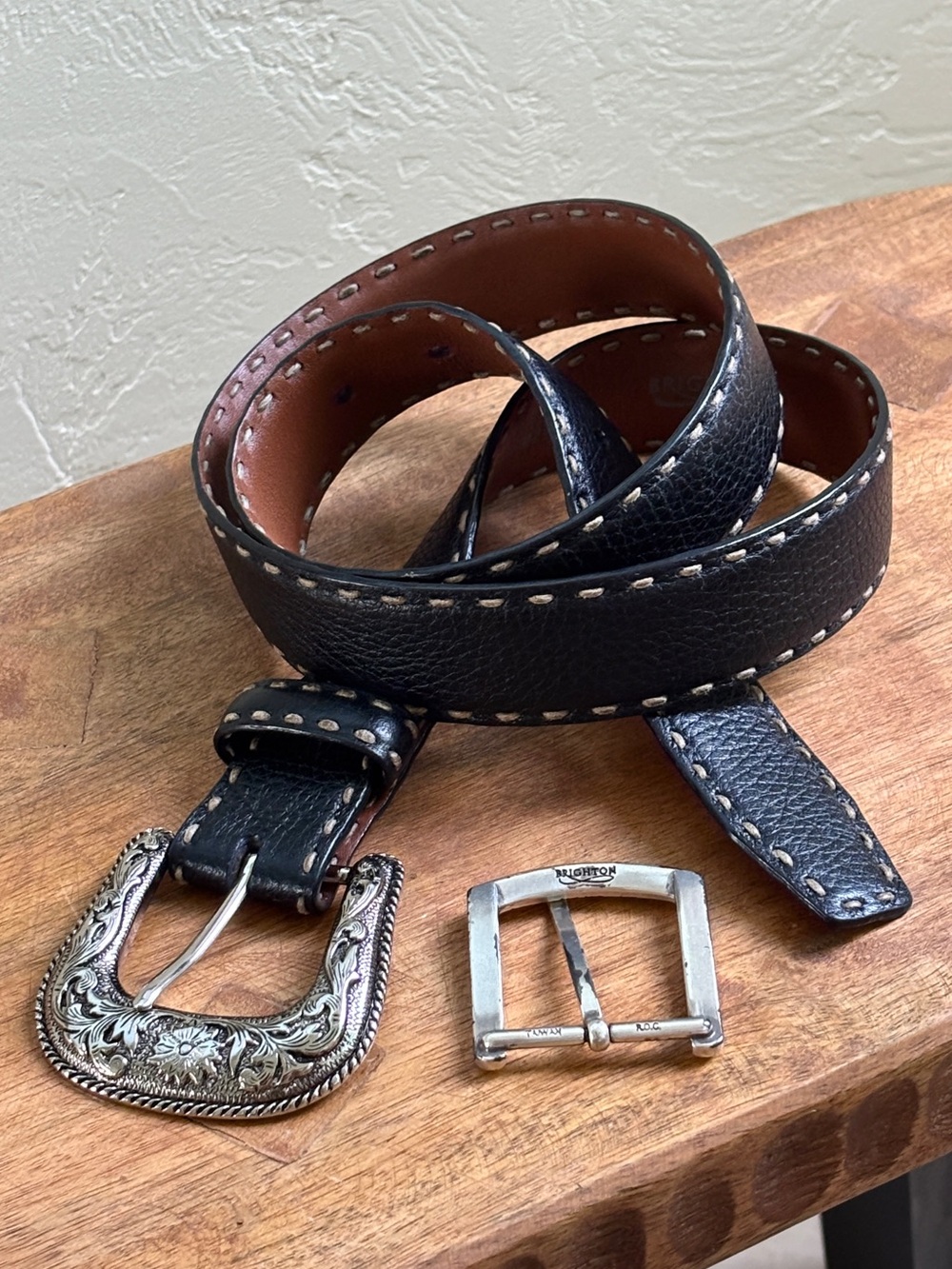 Men's Brighton Black Leather Belt with Additional Ornate Silver Western Buckle